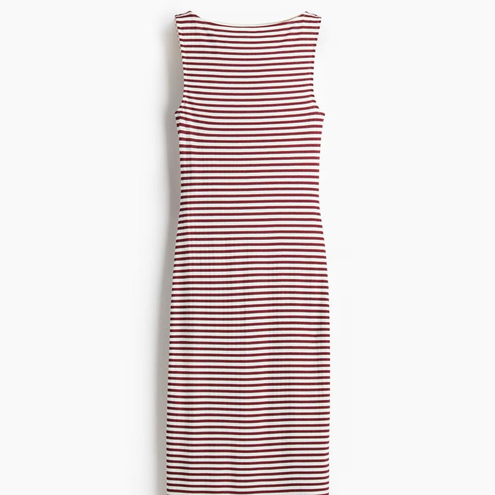 H&M Red and White Striped Ribbed Jersey Midi Dress